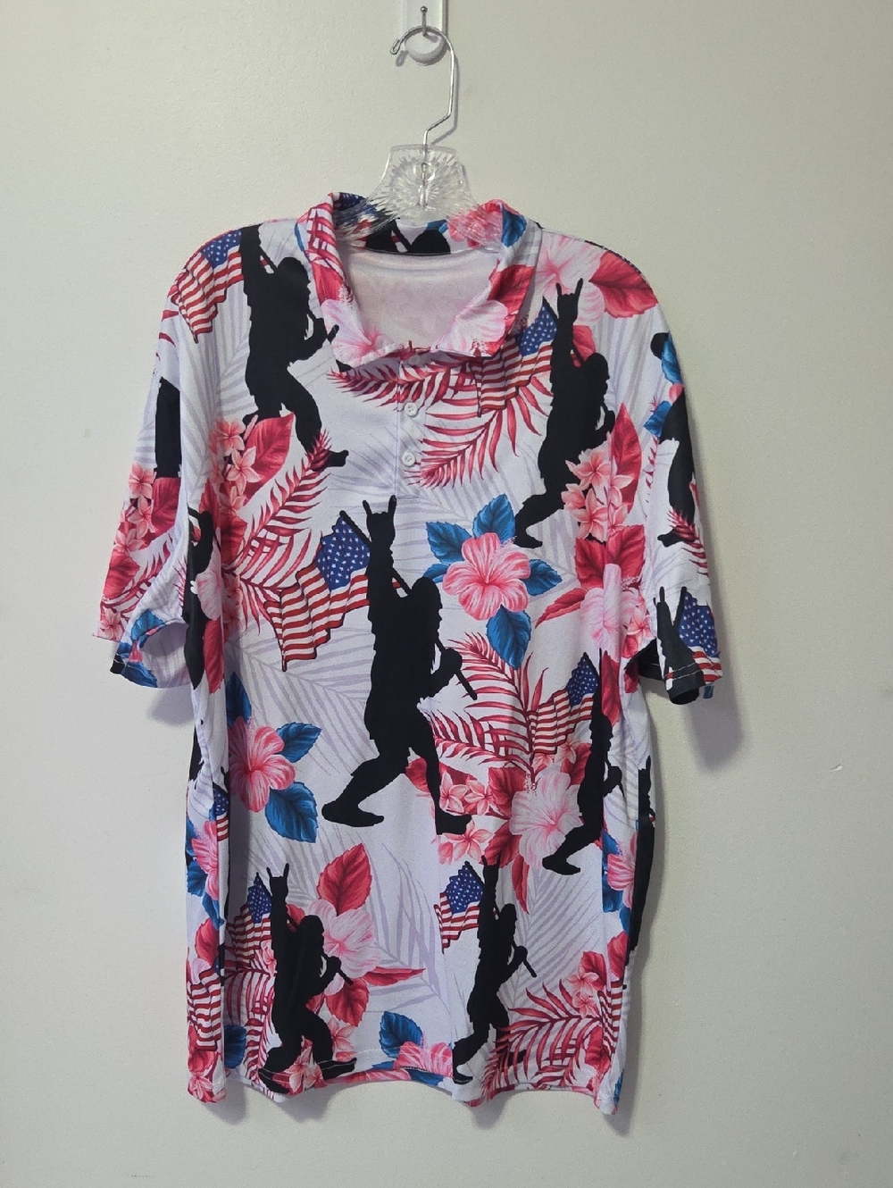 Tropical Floral & Bigfoot Silhouette Short Sleeve Polo- Red, Blue, Black